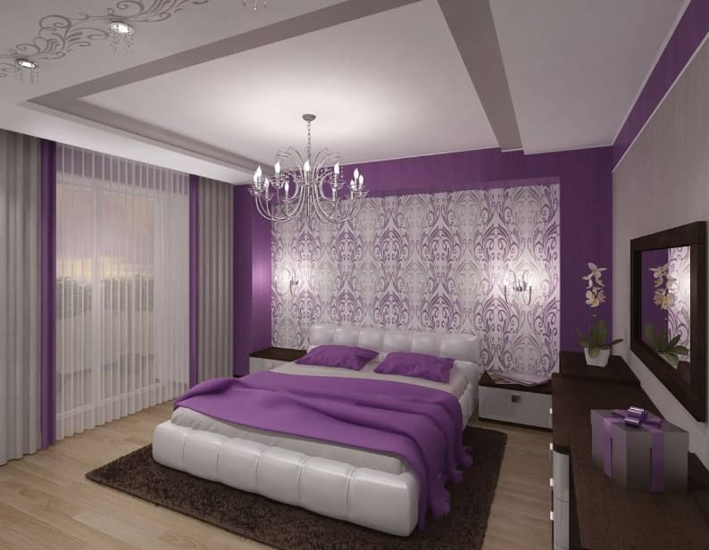 Фиолетовый цвет в интерьере спальне в комбинировании с оттенками